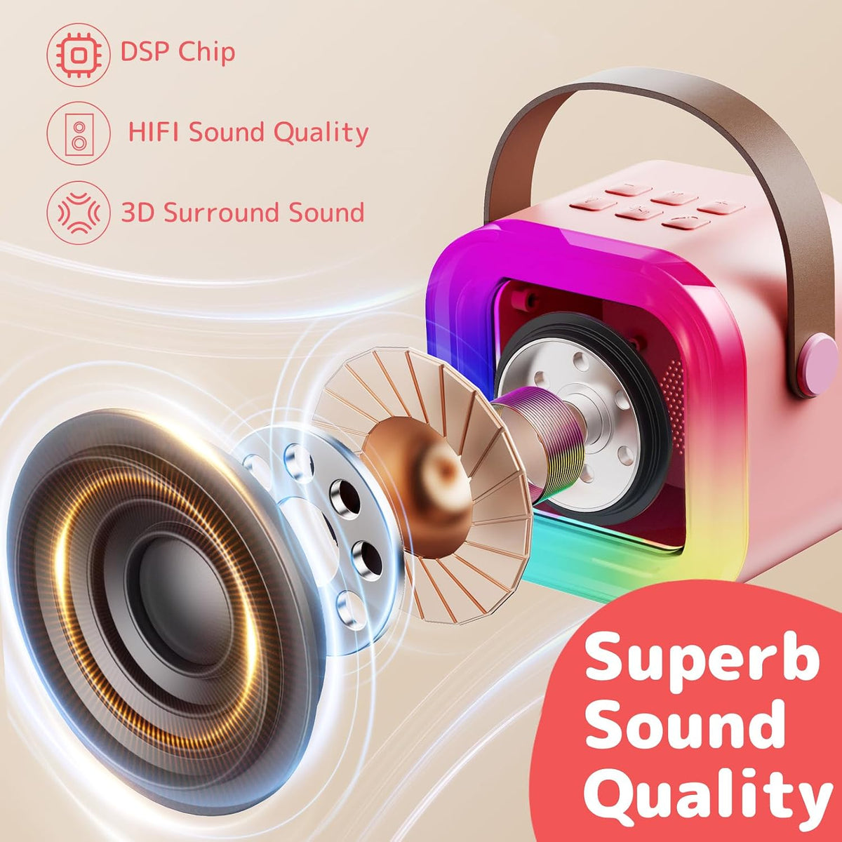 Karaoke Machine for Kids Adults - Pink - image 4