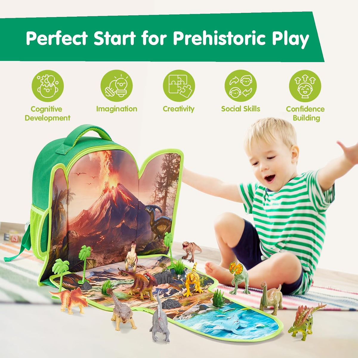 COCO&Friends dinosaur backpack playset unfolded into a 3D play mat with 12 dinosaurs - view 4