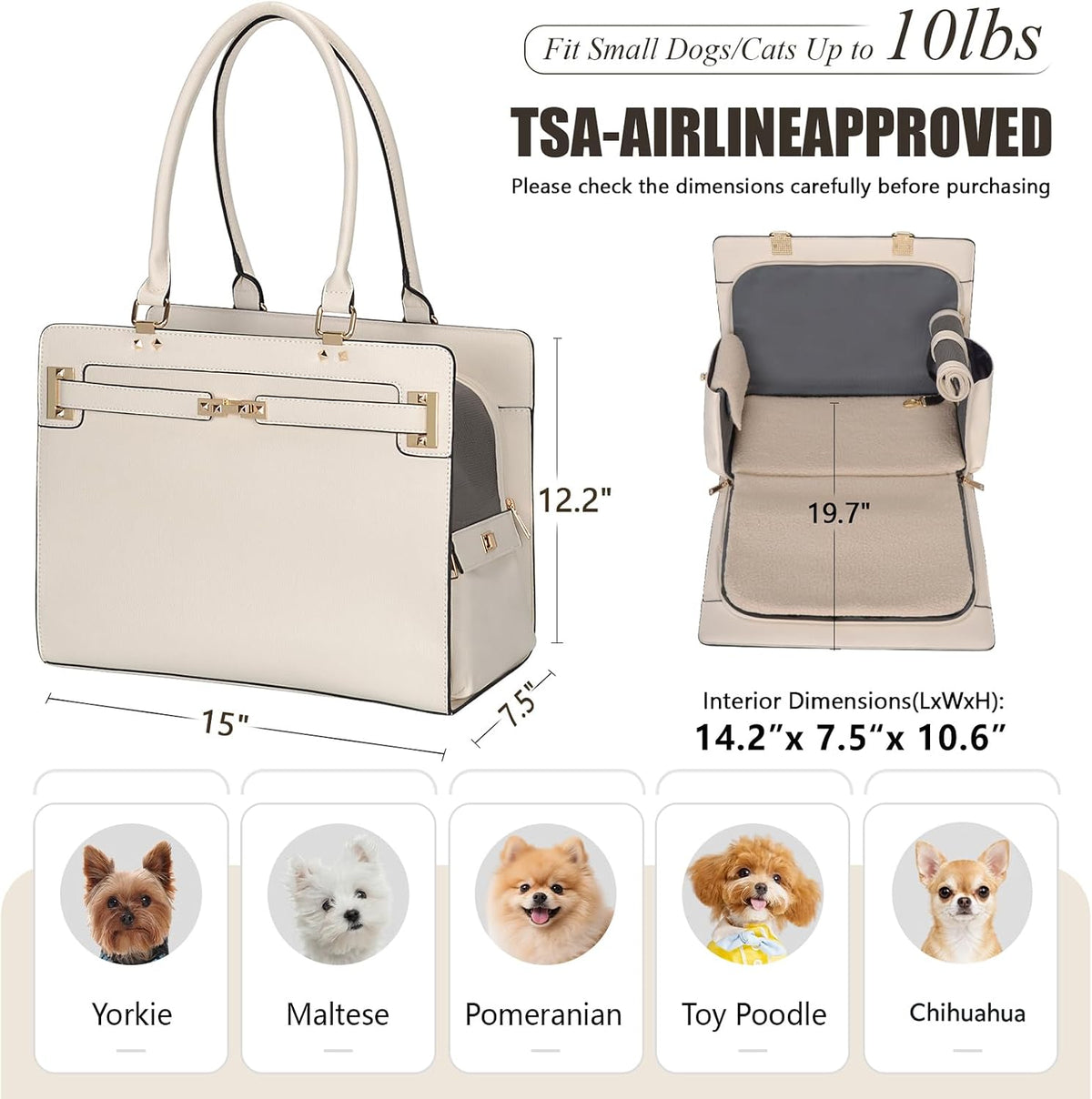2-in-1 Stylish Dog Purse Carrier Travel Tote Bag for Small Dogs Cats - White / 15.0"L x 7.5"W x 12.2"H - image 2