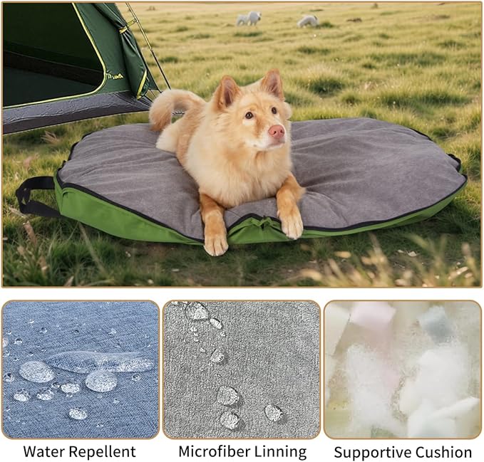 Portable Waterproof Dog Mat for Camping, Patio & Travel - Foldable Outdoor Dog Bed with Teflon Shell & Removable Plush Pad - Easy Clean, Durable - S (Hemp Grey)