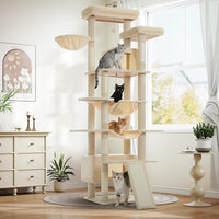 Large Cat Tree for Big Cats & Multi-Cat Homes, 81 Inch Tall Cat Tower with Sturdy Metal Hammock, 6 Sisal Scratching Posts, 2 Cozy Condos, 2 Top Perches - Multi-Level Cat Tower, Beige