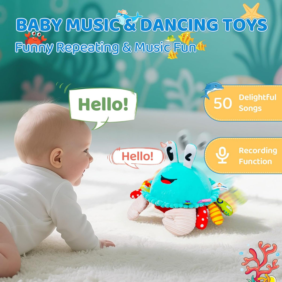 Musical Crawling Crab Baby Toy - Cyan - image 3