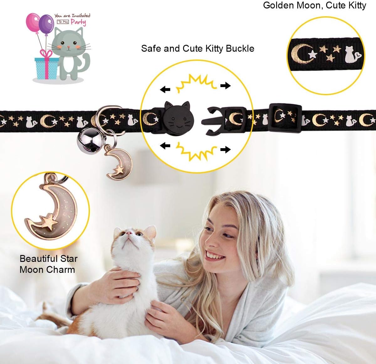 Baeuppit 2PCS Breakaway Cat Collars with Bell Moons Stars Cute Kitty - Neck 6.9-10.7 in / Black&Purple - image 2