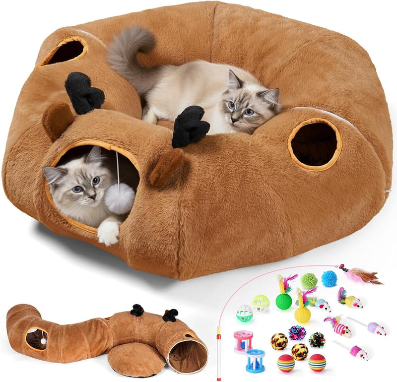 Large Cats Tunnels for Indoor Cats Fluffy Warm Cat Bed and Detachable - Brown