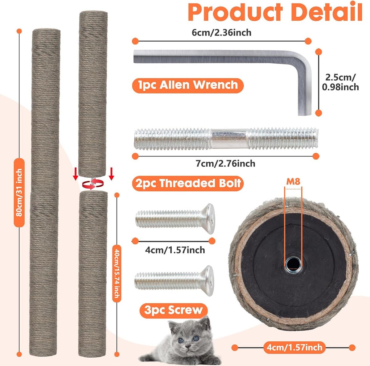 PowerKing Natural Sisal Replacement Scratching Post - 15.7''+15.7'' (2.67''Thick) / Grey - image 3