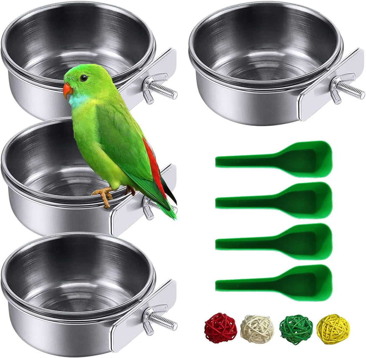 Parrot Feeding Dish Cups,Stainless Steel Bird Food Water Bowl Parakeet Feeder Birds Cage Ball Toys - 【4 PCS】 / 【M:4.7x2.2 Inches】
