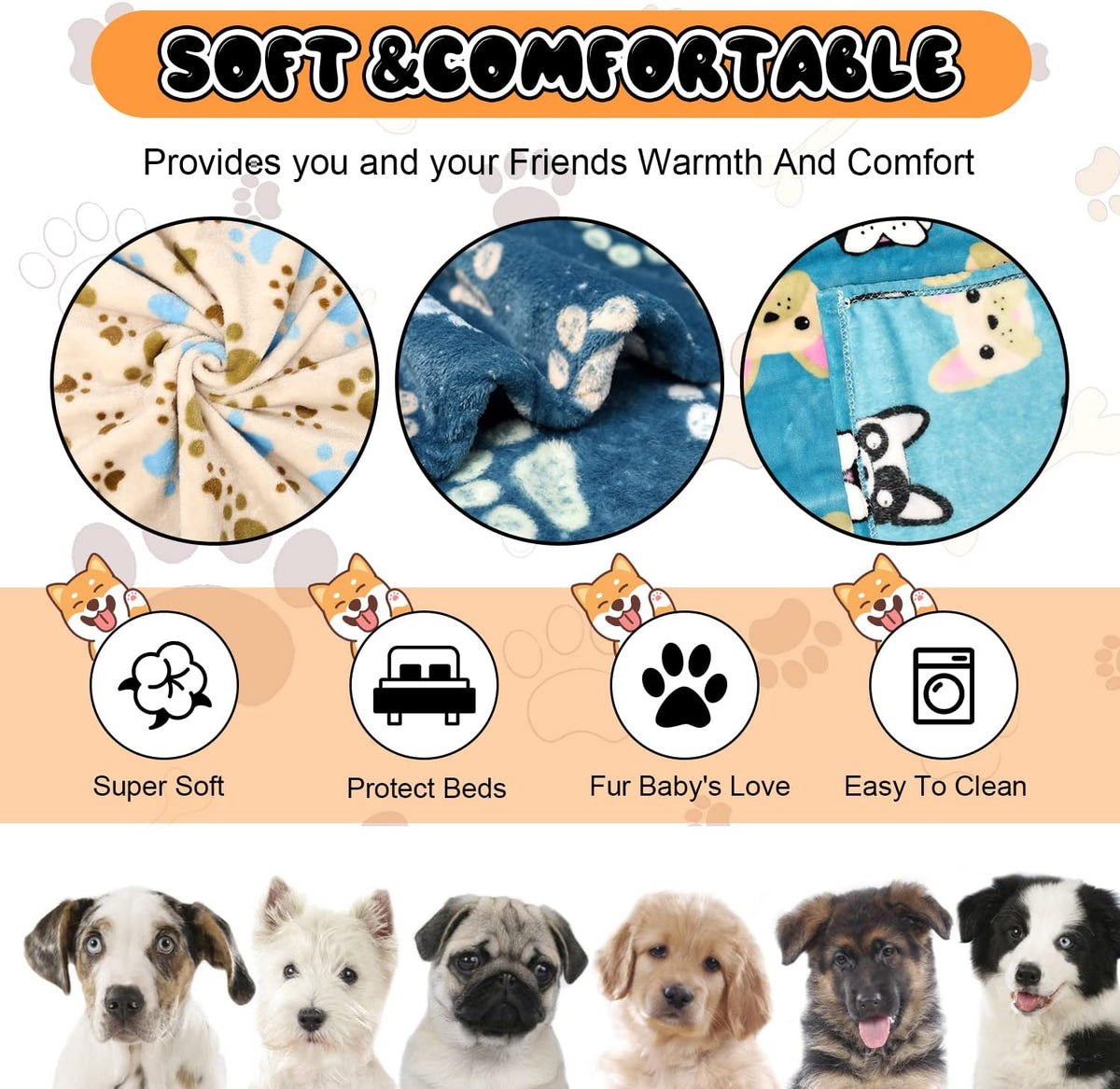 Rezutan Blanket for Large Dogs & Cats Soft Reversible Cute Paw 40"x31" – Essentials for Dogs - Blue/Beige/Navy Blue(pack of 3) / Medium,30x20Inch - image 2