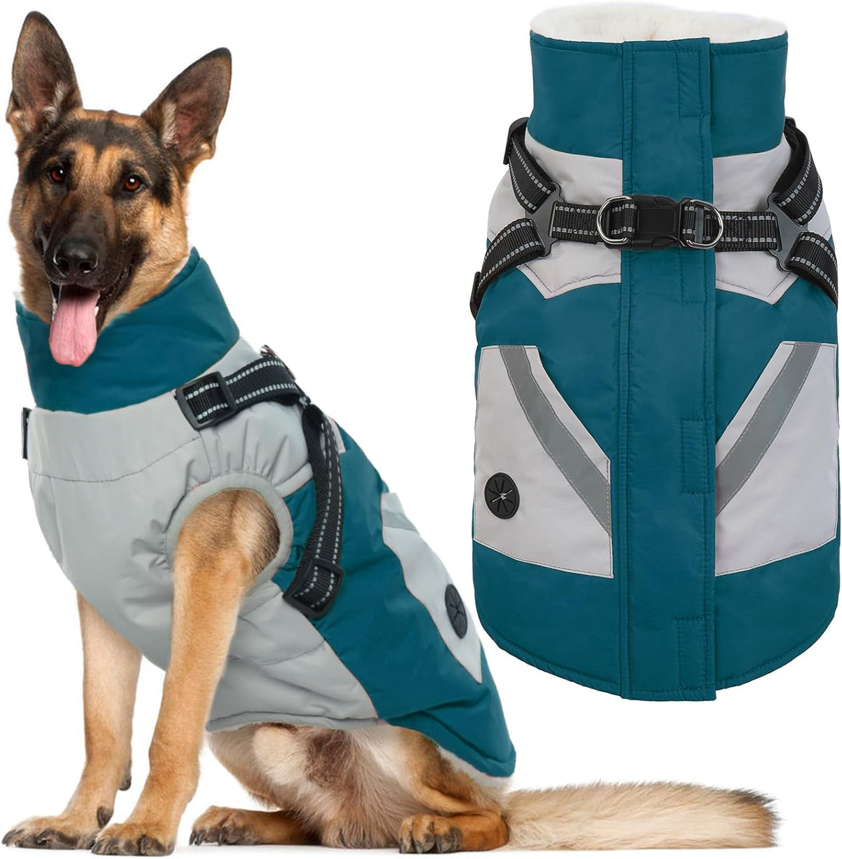 Dog Winter Coat with Harness Built in - XXX-Large(Chest:41.34 in) / Turquoise Green