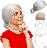 Huskein Old Lady Costume, Old Lady Cosplay Silver Bun Wig Glasses Wig Cap Pearl Necklace Bracelet - Silver-bun