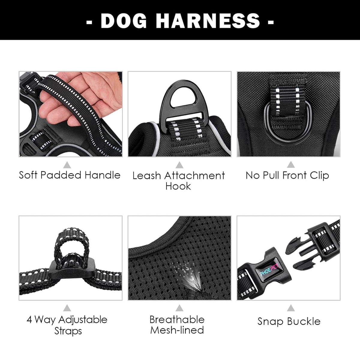 PHOEPET No Pull Dog Harness Medium Reflective Front Clip Vest - Small / Black - image 4