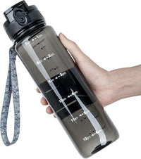 OLDLEY 32 oz Water Bottle, Motivational Water Bottle with Time Marker, Sports Water Bottle With Strap, Leakproof & BPA Free Large Water Bottles for School, Gym, Travel,Tritan, Transparent Black