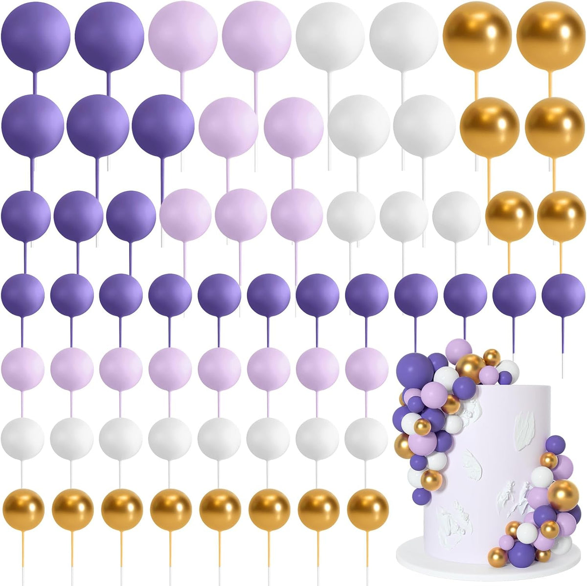 75 Pieces Cake Balls Topper Decorations Foam Cupcake Topper Mini - Purple, Light Purple,gold, White