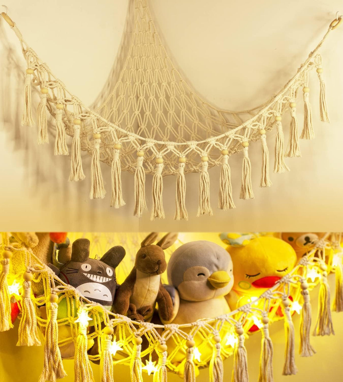 Stuffed Animal Toy Storage Hammock with LED Light - Beige / L (39.5"*39.5"*48")