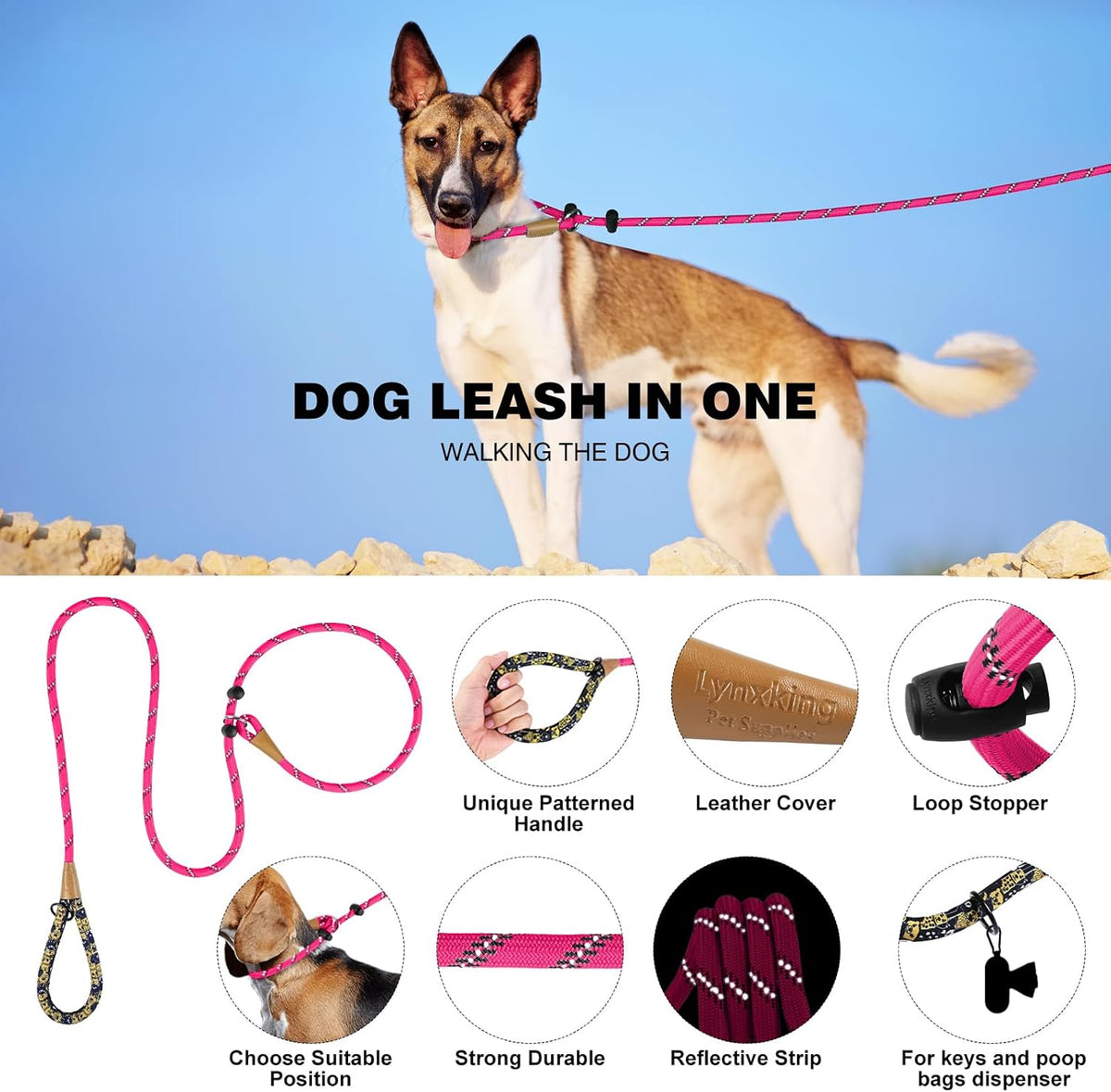 Reflective braided rope slip lead dog leash, 1/2 inch by 6 ft, with padded handle - view 2