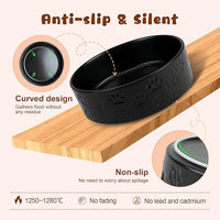 SPUNKYJUNKY Ceramic Elevated Dog Bowl Set with Acacia Wood Stand for Food and Water for Large Dogs (60.87 OZ, Black, Dog Paw Pattern)