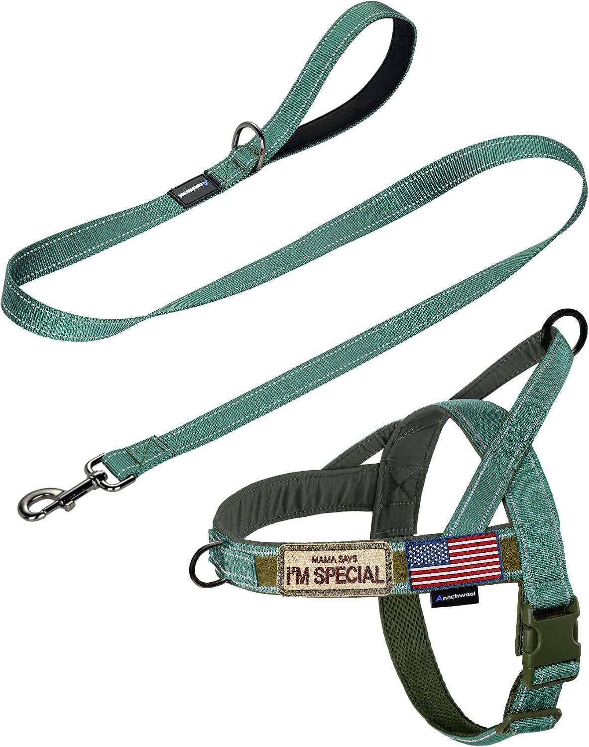 Annchwool No Pull Dog Harness with Soft Padded Handle - M / Reflective-Green Set