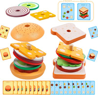Pajojoqa wooden sandwich stacking toy with egg, cheese, bacon, lettuce, tomato and bun pieces - view 2