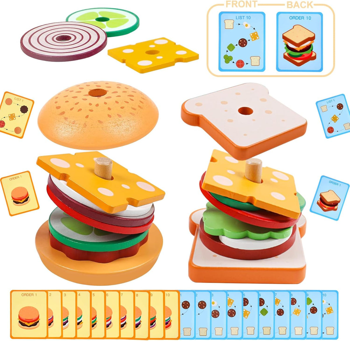 Pajojoqa wooden sandwich stacking toy with egg, cheese, bacon, lettuce, tomato and bun pieces - view 2