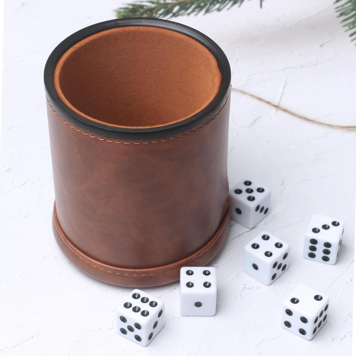 Felt Lined PU Leather Dice Cup Set with 6 Dot Dices – Fun for Kids & Family - Patterned Brown - image 4