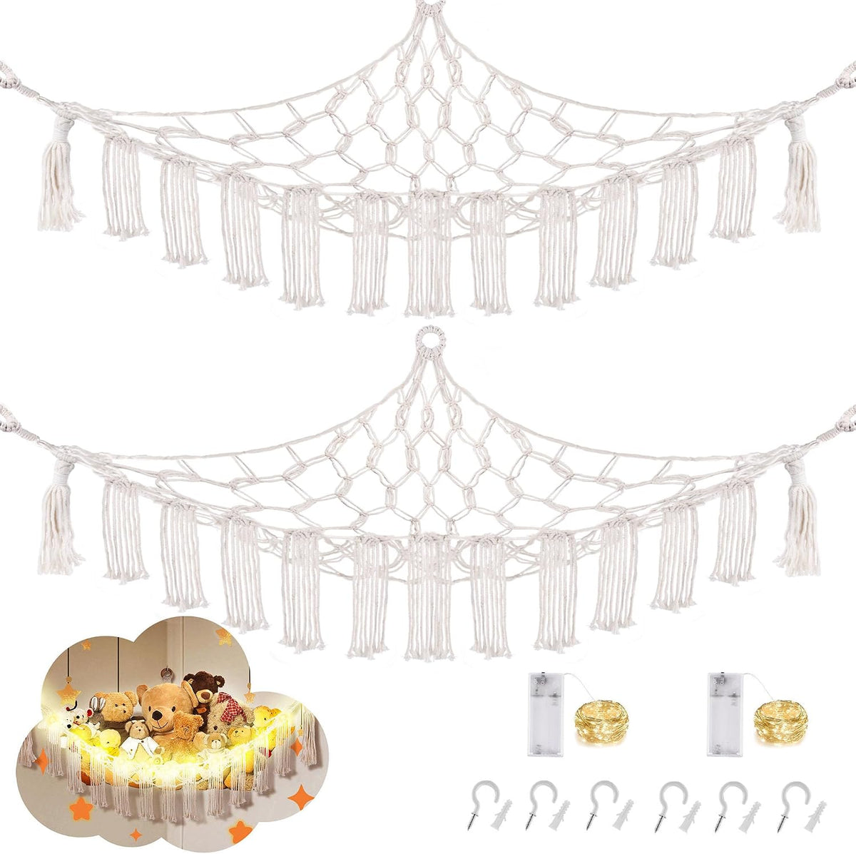 CERETIA Stuffed Animal Hammock Large Corner Plushie Net Storage - White / Large-(Package of 2)