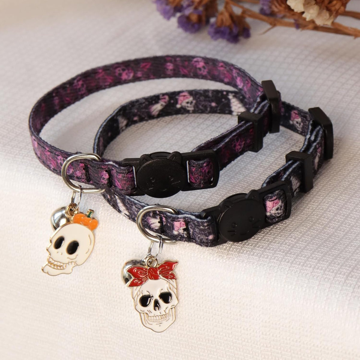 Halloween Cat Collar, Cotton 2 Pack Cat Collar with Bells - Skull / 7-11'' - image 3
