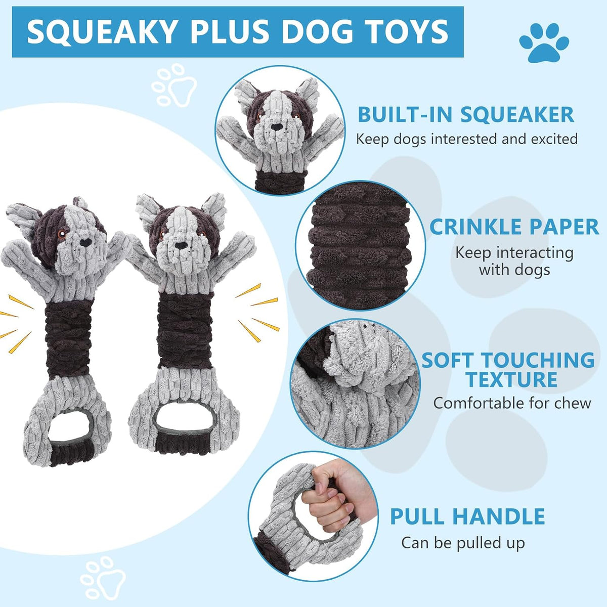 Letsmeet Plush Dog Toy with Crinkle Paper and Ropes - Grey - image 2