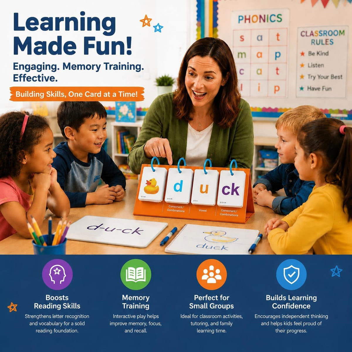 Alened phonics flash cards with CVC word builder panel, rings and picture cards - view 9