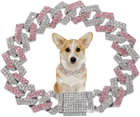 Pink Dog Necklace,Rhinestone Dog Chain Necklace Bling Diamond Cuban Link Dog chainCollars Glitter - 20 inch(Max Neck 19") / Pink