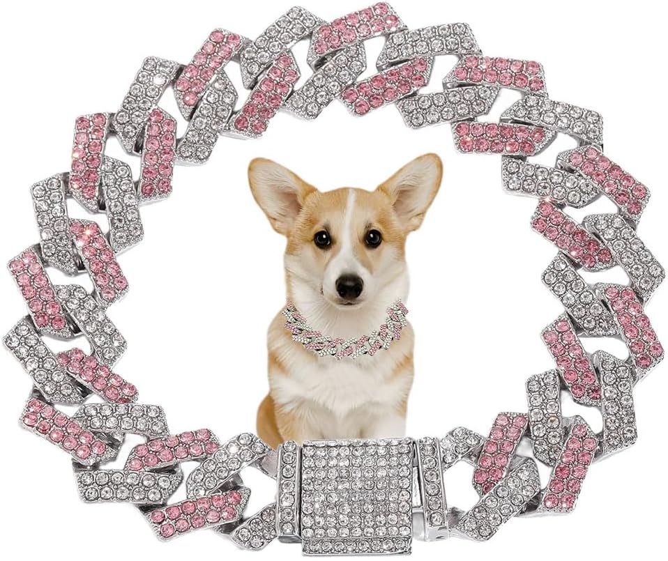 Pink Dog Necklace,Rhinestone Dog Chain Necklace Bling Diamond Cuban Link Dog chainCollars Glitter - 20 inch(Max Neck 19") / Pink