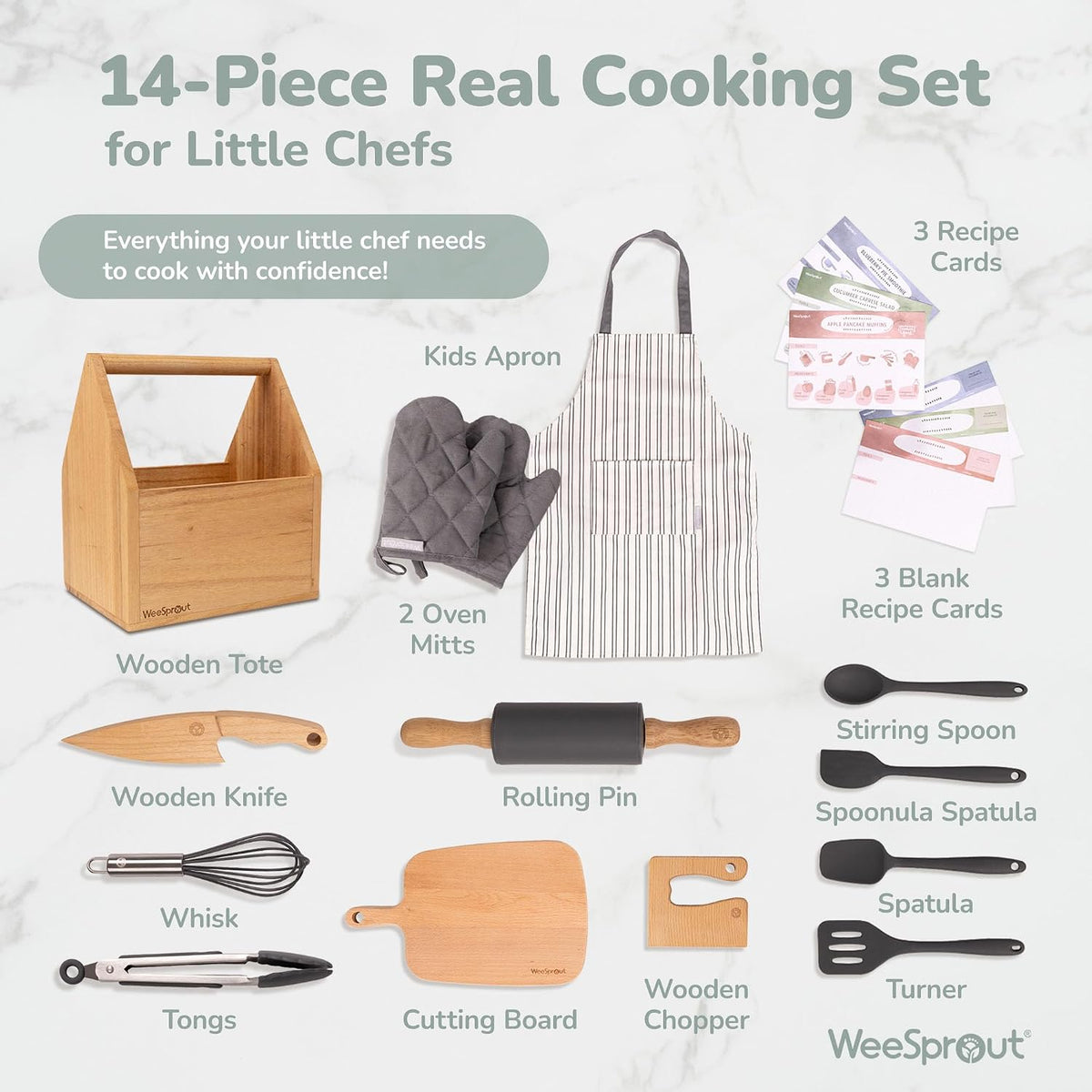 WeeSprout kids baking set in green with apron, oven mitts, rolling pin and cookie cutters - view 12