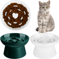 Tioncy 2 Pcs Ceramic Elevated Slow Feeder Cat Bowl - Dark Green, White / 2