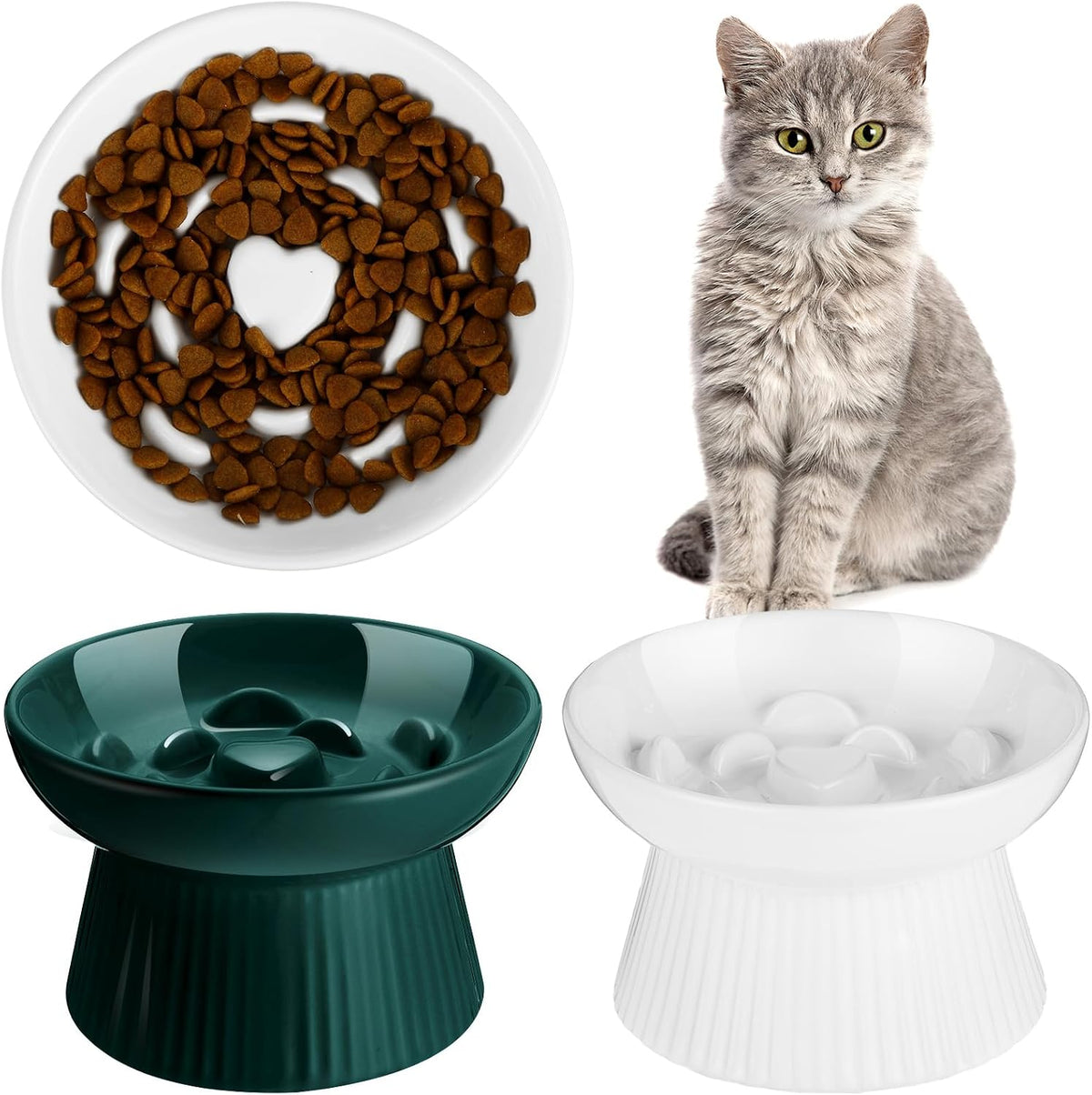 Tioncy 2 Pcs Ceramic Elevated Slow Feeder Cat Bowl - Dark Green, White / 2