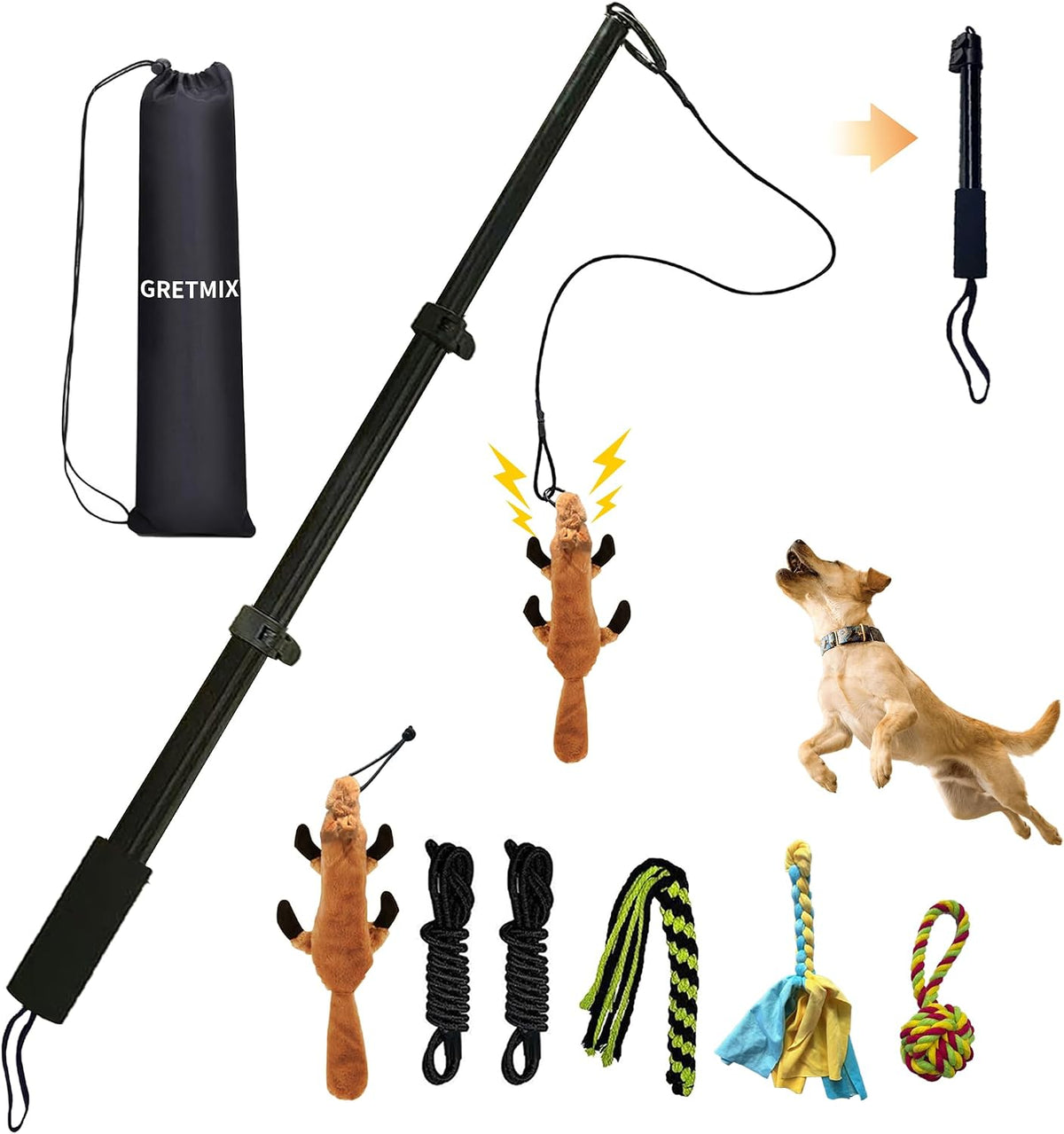 Flirt Pole for Dogs, Interactive Dog Toys Extendable Teaser Wand with Lure Chewing Toy, Chase - 40.5Inch Pole-Black