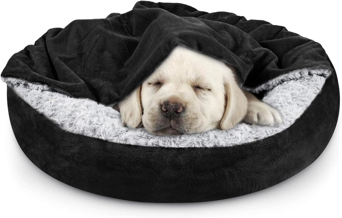 JOEJOY Small Dog Bed Cat Bed with Hooded Blanket - S(23" x 23" x 7") / Black