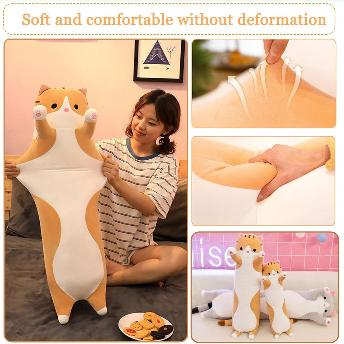 Long Cat Plush Pillow Soft Cat Hugging Pillow Stuffed Animal Pillow - Yellow / 59.05 inches - image 3