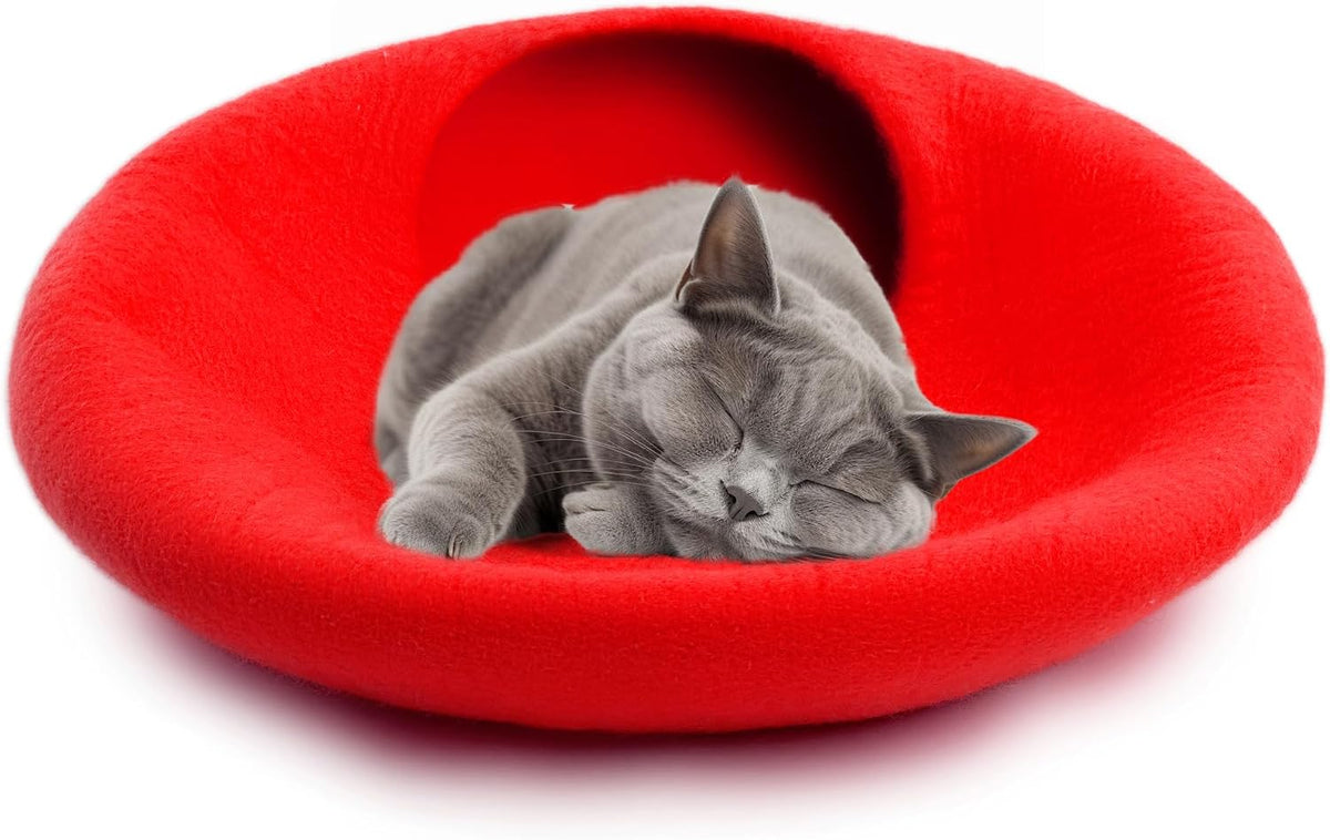 Woolygon Felt Cat Cave Bed, Merino Wool, Handcrafted – Essentials for Cats - Red Plain - image 3