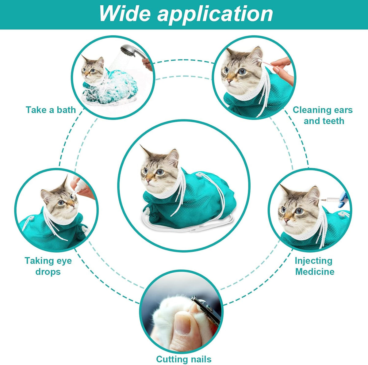 Cat Bathing Bag Anti Scratch Grooming Shower Washing Bag for Nail - White-Green - image 4