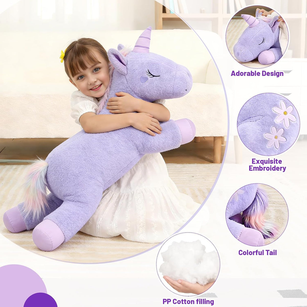 32inch Cute Giant Pink Unicorn Plush, Jumbo Soft Body Pillow Pet - 32inch Purple Unicorn / 32 inch - image 3