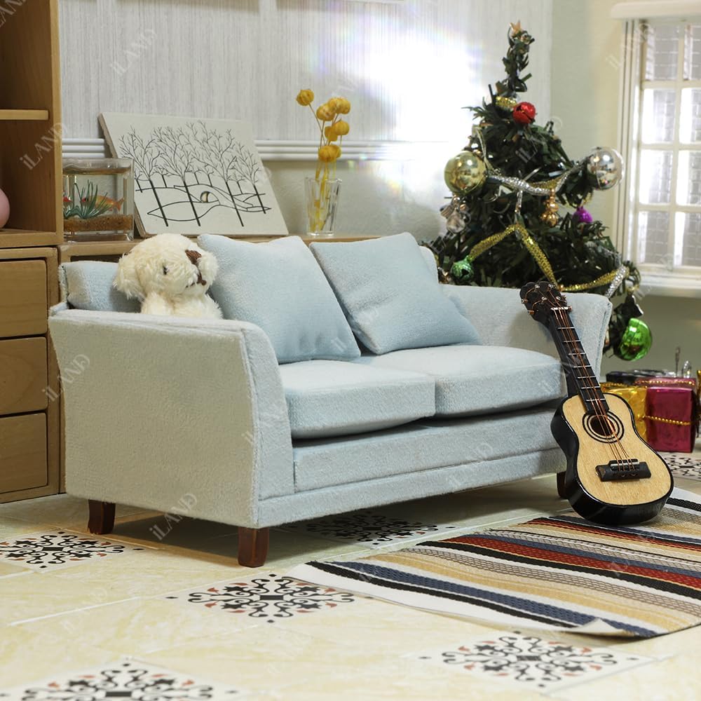 iLAND 1:12 scale dollhouse couch in turquoise blue velvet with two cushions and two pillows - view 10