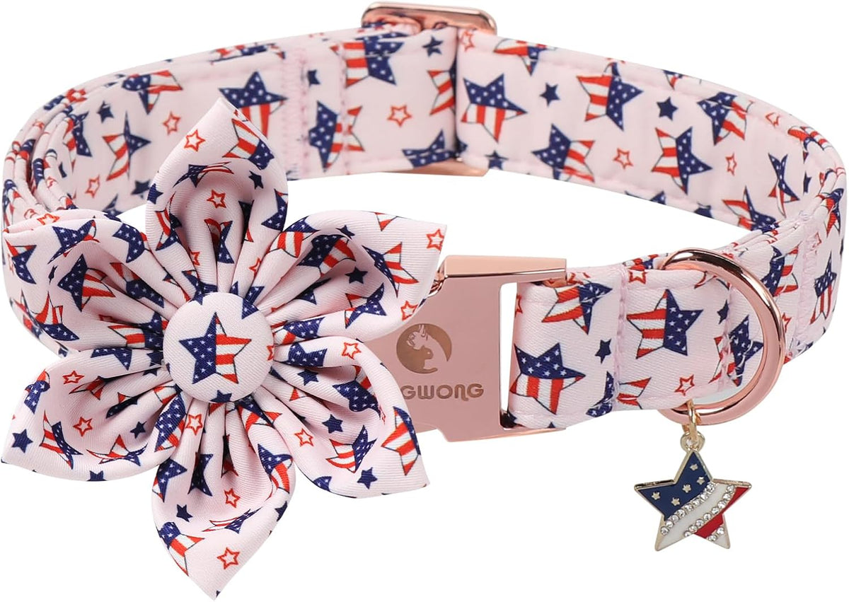 DOGWONG Fall Pumpkin Orange Plaid Dog Collar - B:Star Flag / S