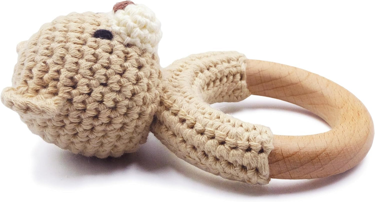 Joliecraft beige crochet bear rattle with natural wood teething ring - view 11