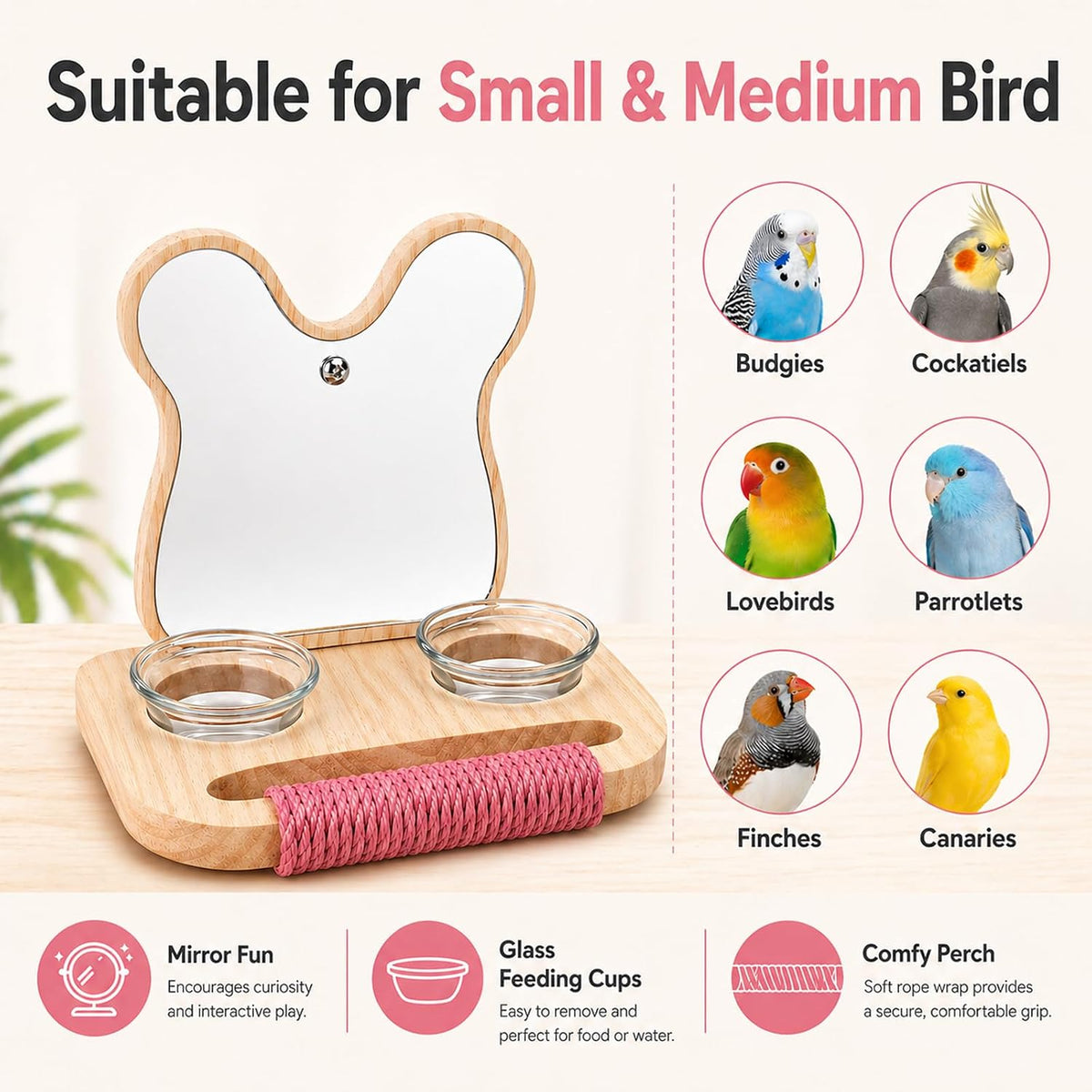 7" Bird Mirror with Rope Perch Bird Toys Swing - 5.9 inch - image 4