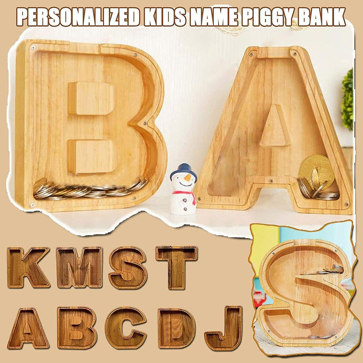 WeiDu77 wooden alphabet letter piggy bank with clear plexiglass front - view 7
