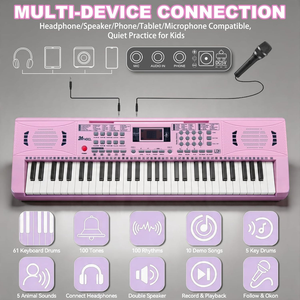 Kids Keyboard Piano, 61 Key Electronic Piano – Fun for Kids & Family - Pink with Stand - image 4