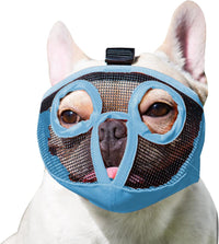 Short Snout Dog Muzzle - Adjustable Breathable Mesh Bulldog Muzzle for Biting Chewing Barking - Blue / Medium/11"-17"