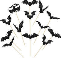 Gyufise 24Pcs Halloween Bat Cupcake Toppers Black Glitter Bat - Black With Glitter