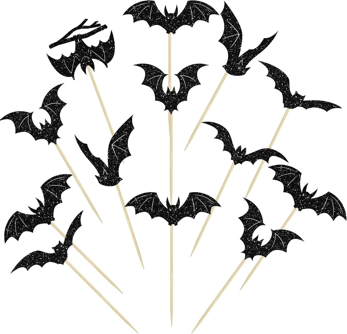Gyufise 24Pcs Halloween Bat Cupcake Toppers Black Glitter Bat - Black With Glitter