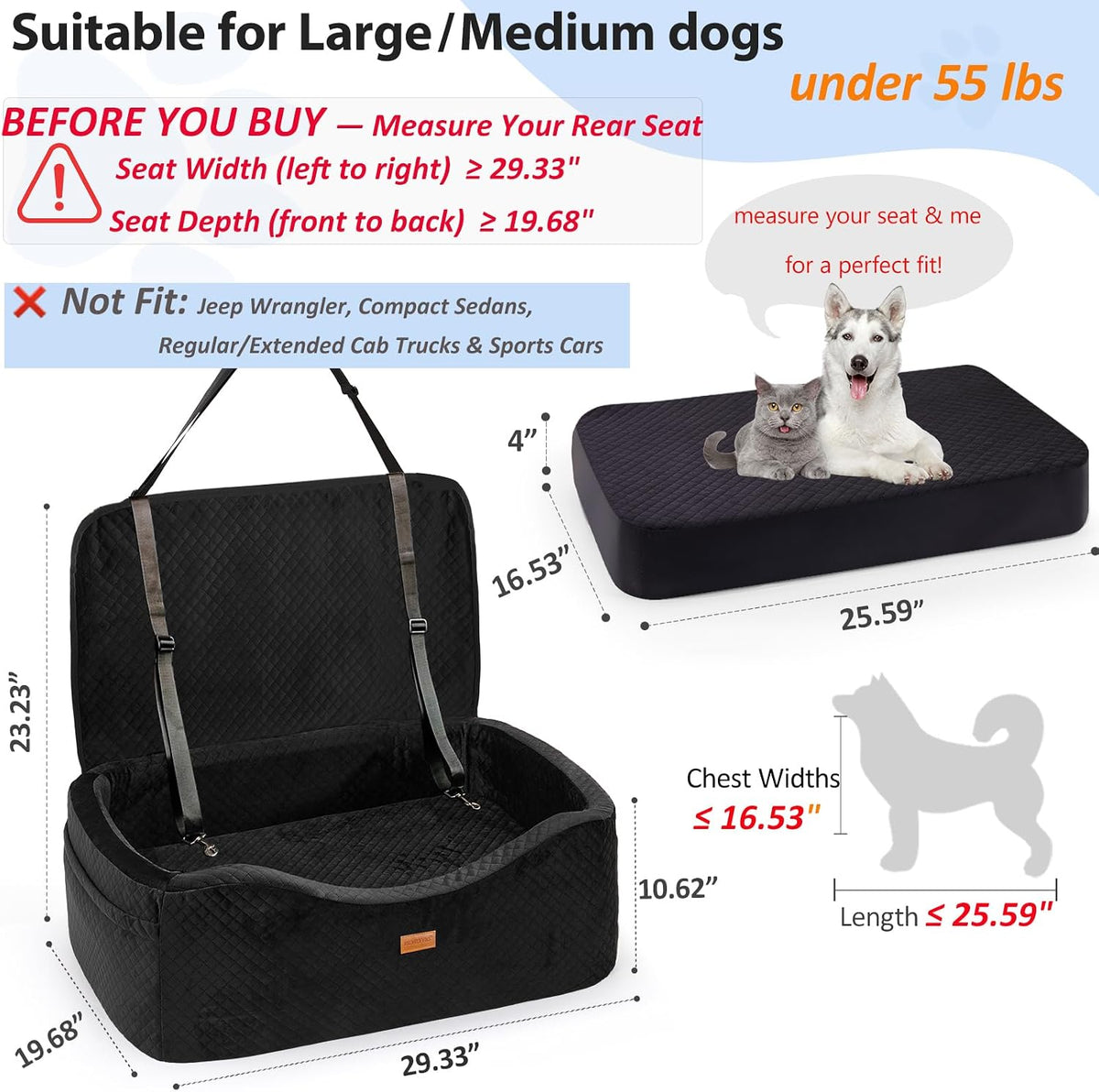 BLVRYVIO Large Dog Car Seat for Medium Sized Dogs Under 55lbs or 2 - Dark Black / Large - image 2
