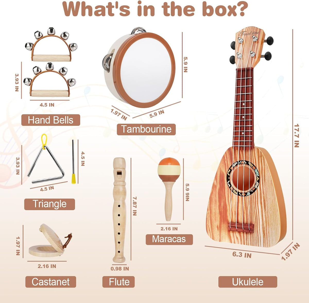 Vanplay kids guitar set with ukulele, maracas, tambourine, flute, castanets, triangle and hand bells - view 3