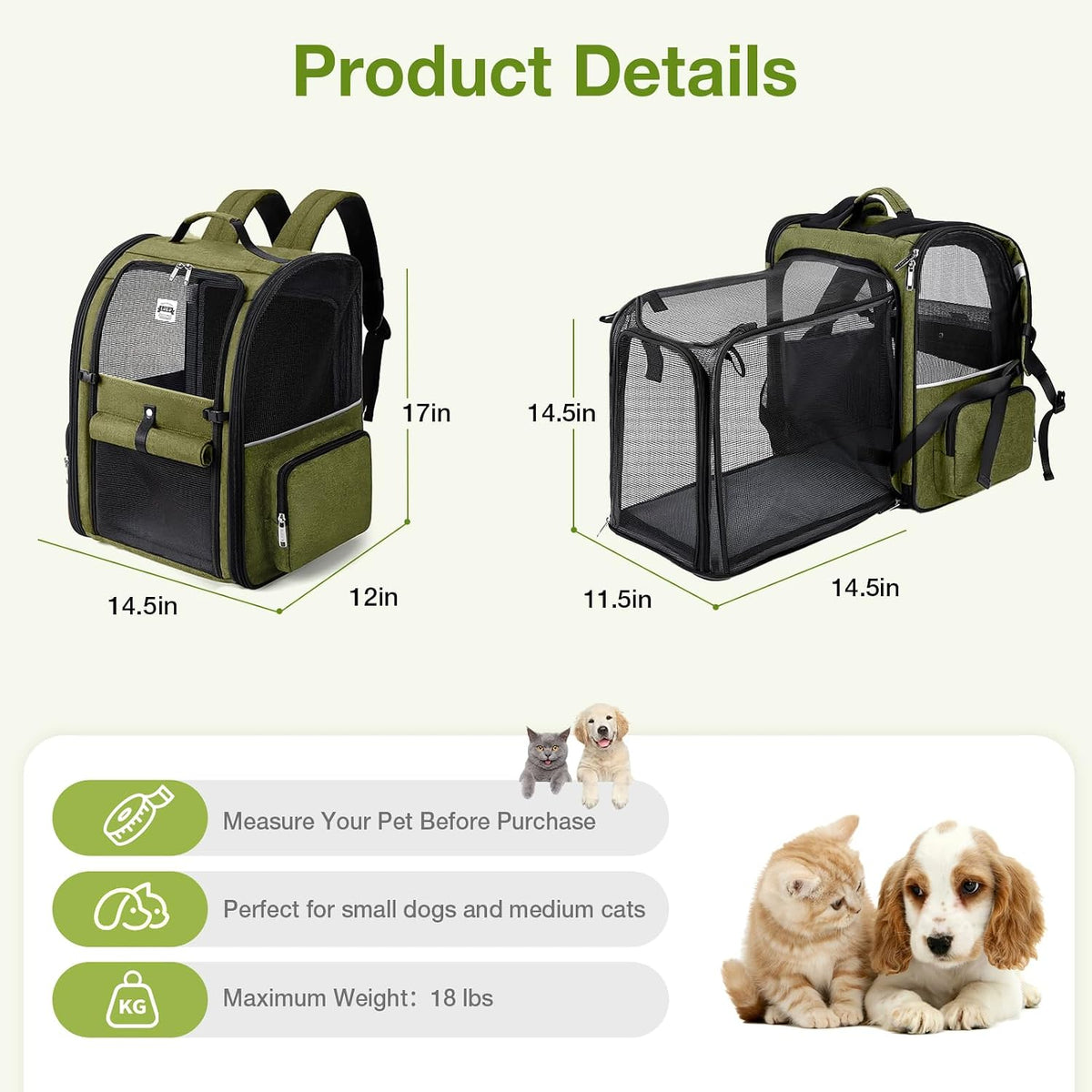 Cat Carrier Backpack, Expandable Pet Carrier with Sun Shade & Full Front Opening, Breathable Mesh - Dark Green / L-Mesh Window - image 2